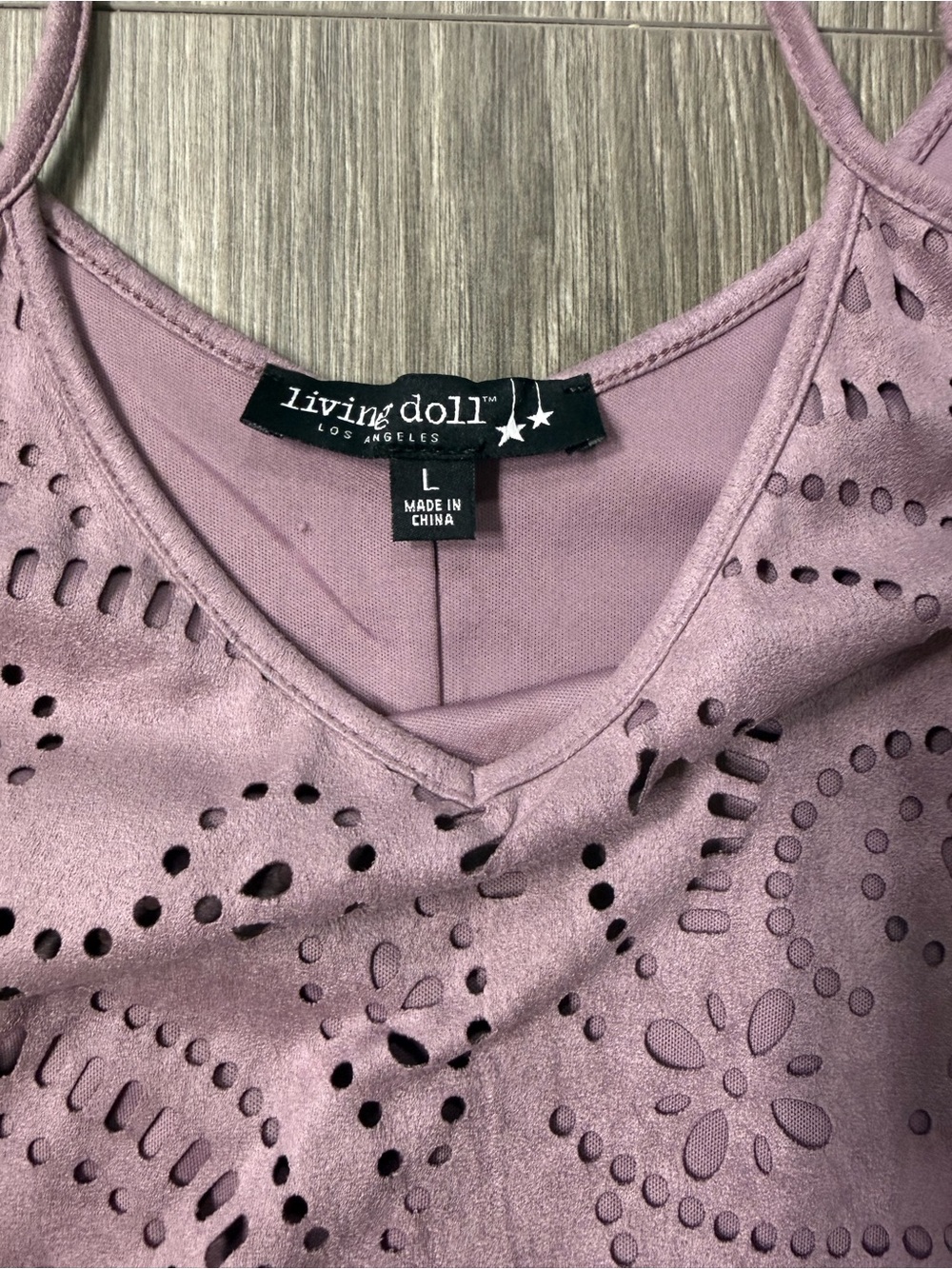 Living Doll LA Laser Cut Swing Mini Dress Purple Boho Festival Faux Suede L - Picture 2 of 6
